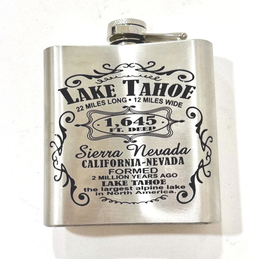 Lake Tahoe Sierra Nevada Stainless Steel 6 oz Hip Flask Silver Souvenir